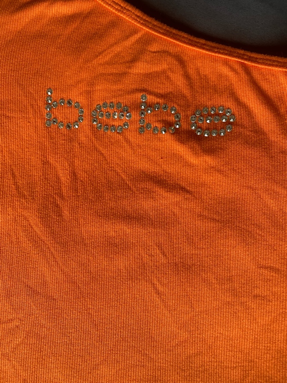 Bebe Y2K Rhinestone One Shoulder Top Orange Fitted Stretch - Picture 4 of 5